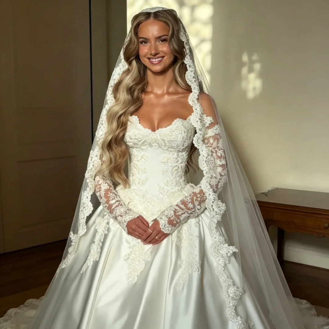 Off Shoulder Long Sleeve Lace Satin Wedding Dress Ball Gown Bridal Gown Vestido De Novia Custom Plus Size Gown Chapel Train