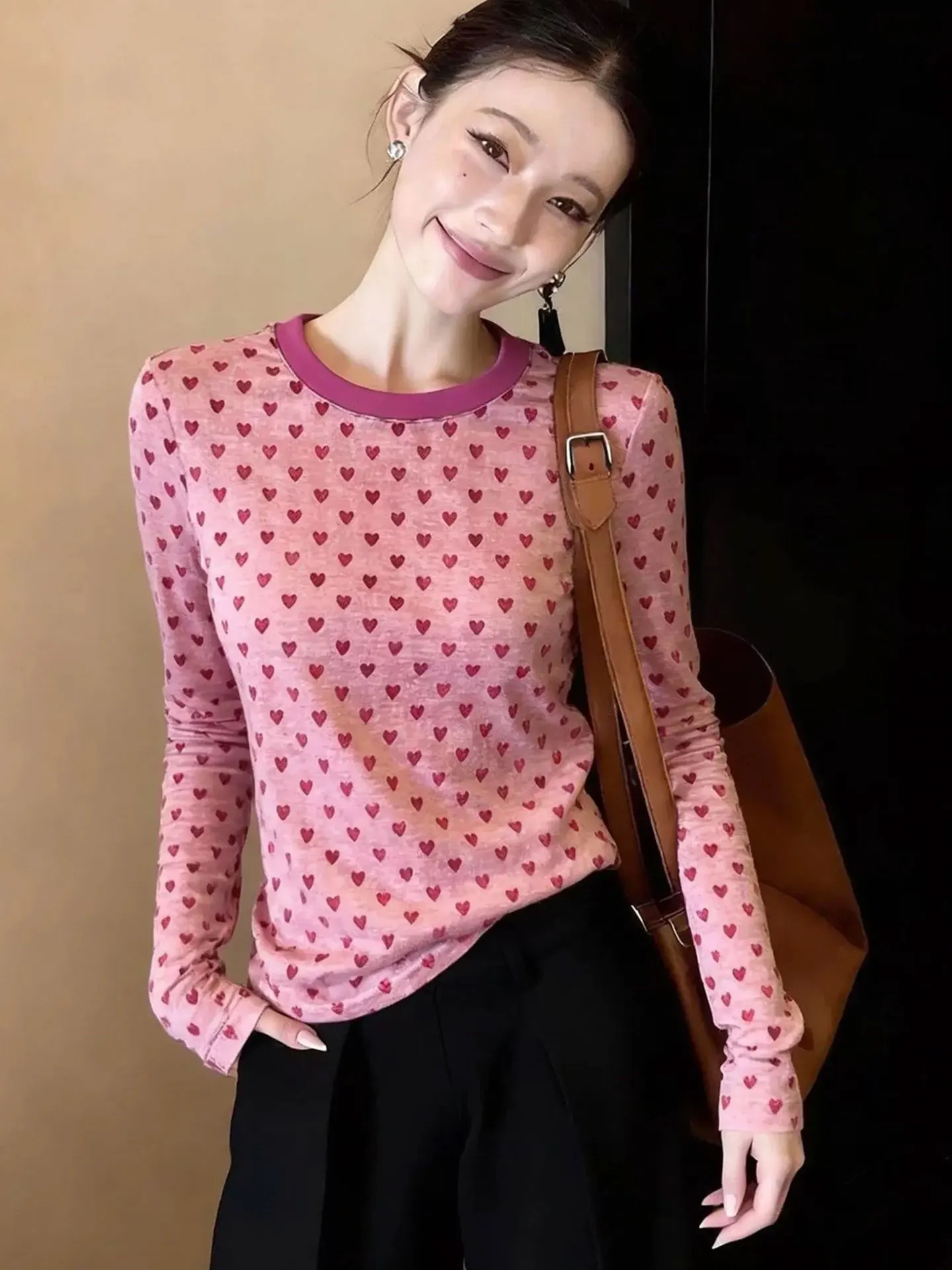 

Sweet Gentle Love Heart round Neck Long Sleeve T-Shirt Spring Fashionable Youthful Base Shirt Skin-friendly Comfortable Top