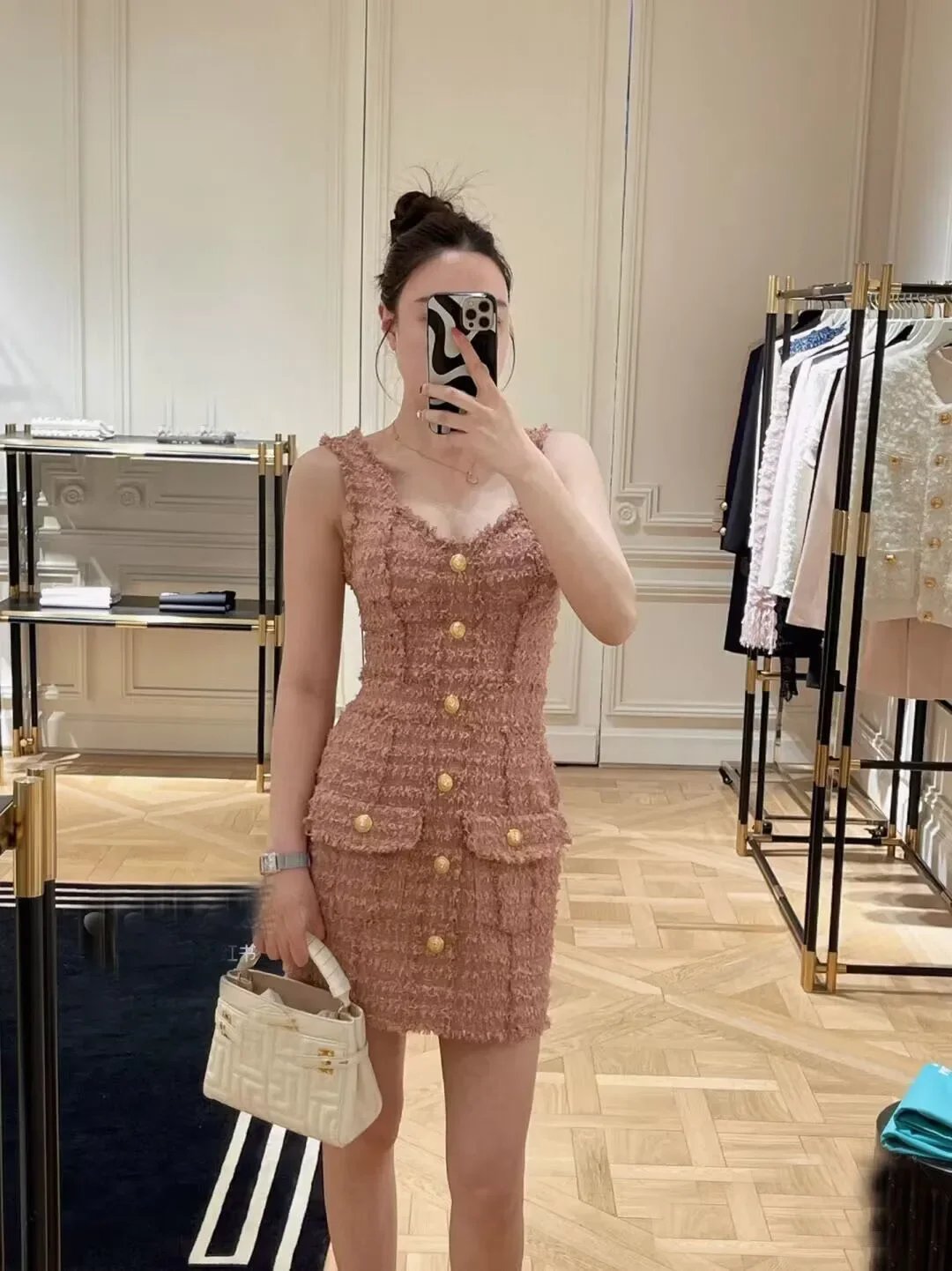 

Vintage raw edge braided tweed button slim sleeveless suspender dress 2023 new spring and summer women