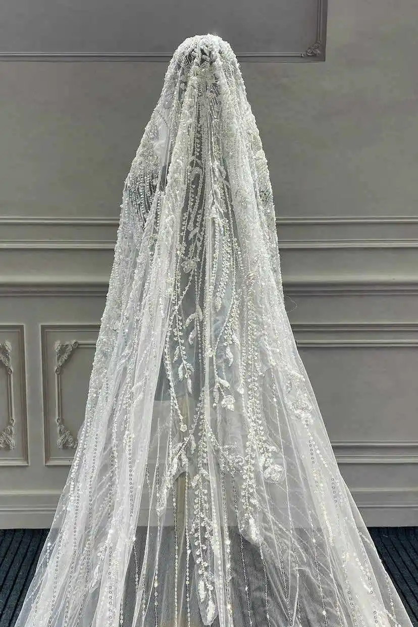 Luxury Elegant Wedding Veils One Layer Tulle Appliques Lace Tulle Sequins Bridal Veil Cut Edge Customized Length Veils image 5