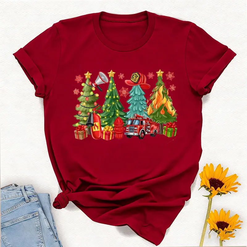 المرأة عيد الميلاد قسم الإطفاء رجال الاطفاء الأشجار تي شيرت رجال الاطفاء عيد ميلاد سعيد القطن المحملة التسامي تتجه تي شيرت