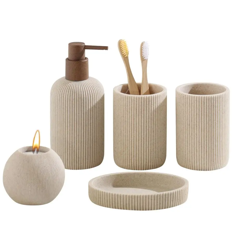 

Accessories Set, 5 PCS Sandstone Look Stripe Modern Bath Organizer with Soap Dispenser, Toothbrush Holder, Tumbler, Soap Dish, C