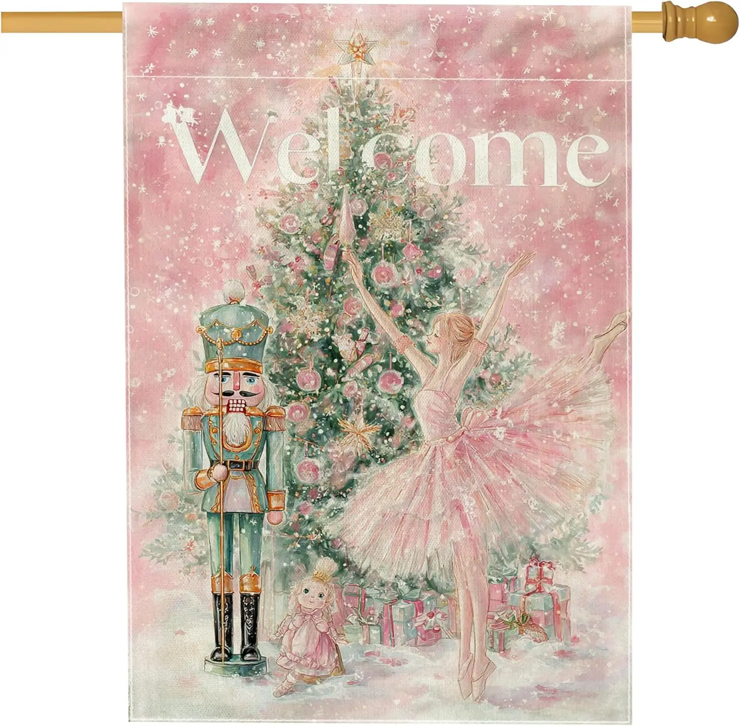 Bandera de casa Cascanueces, Bandera de jardín grande de yute de doble cara con diseño de bailarina de ballet de Navidad y árbol de Navidad, para exteriores, para Ou ZZM
