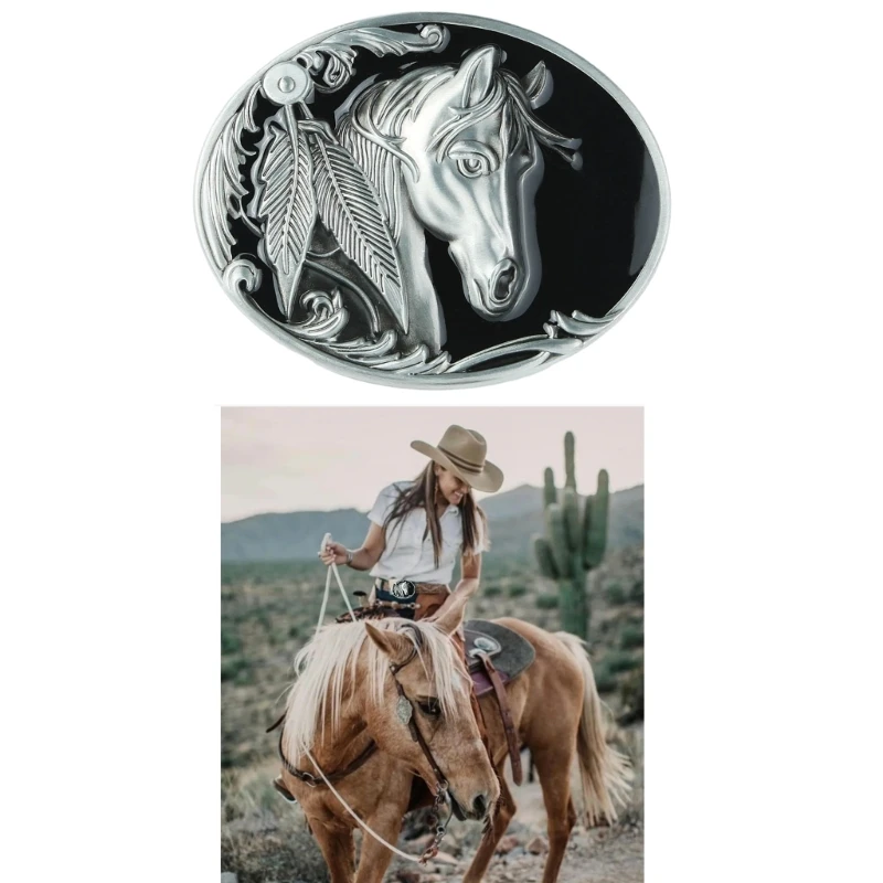 Western Engraving Belt Buckle Silver Color Horse Relief Buckle Horse Head Belt Buckles Birthday Gifts for Father