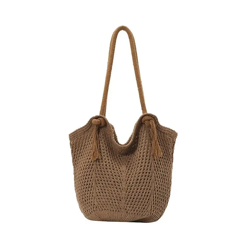 

Fashion Bohemian Knitted Shoulder Bag Sweet Solid Color Casual Woven Handbag Spacious Large Capacity Crochet Tote Bag Girls