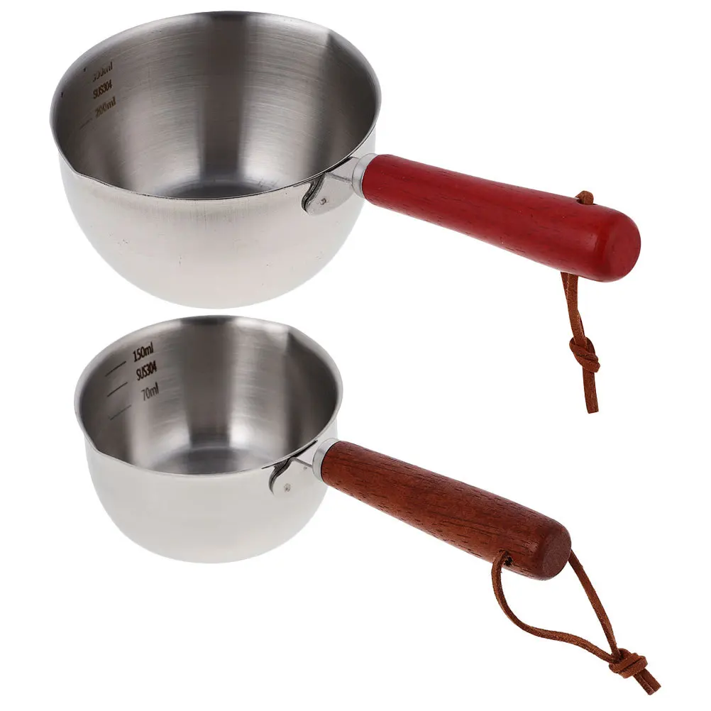 

2pcs Small Sauce Pot Stainless Steel Pour Oil Pan With Wood Handle Mini Milk Warmer For Cooking Butter Coffee Soup Boiled Egg
