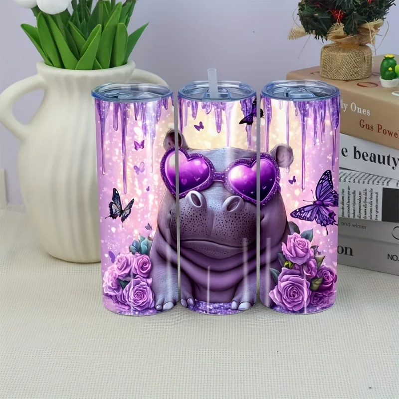 1pc 20oz Straight Cup Stainless Steel Insulated Mug Hippo Sweetheart:Cold Preservation Cup, Internal Double Layer Vacuum Design,Cup + Lid + Straw Set, Very Suitable For Drinking Coffee And Tea While Traveling As Gifts For Family,  Lovers