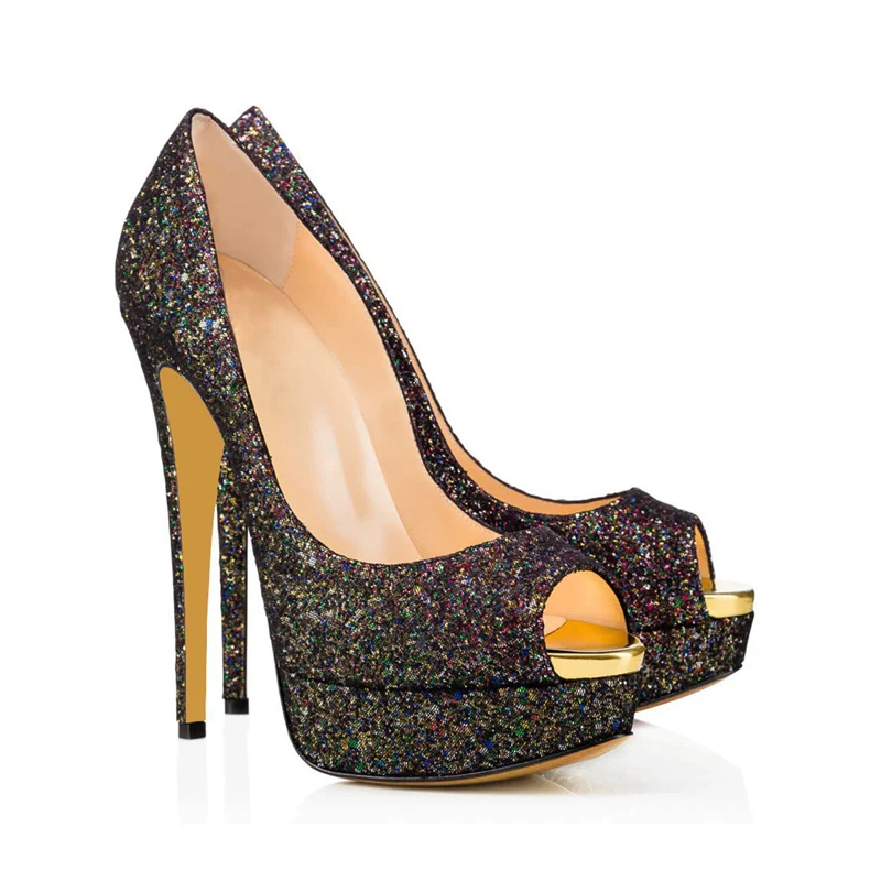 

Multi Black Sequins Platform High Heel Peep Toe Pumps Thin High Heels Shallow Slip On Party Outfit Banquet Shoes Women