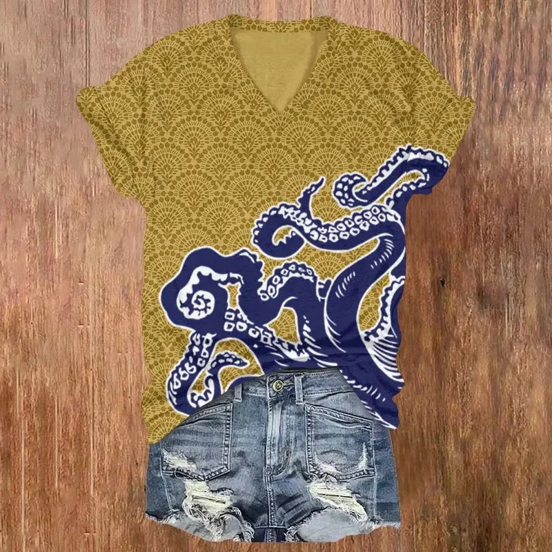 Unisex Ocean Fantasy Octopus Tentacles Pattern Print Short Sleeved V-neck T-shirt Summer Women's T Shirts