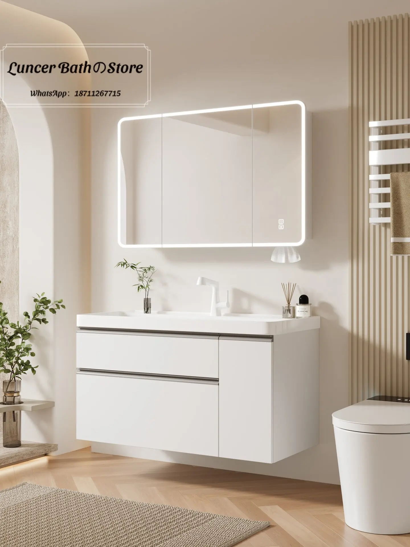 Japanese Style Bathroom Vanity Combo Ocean Integrated Ceramic Sink Wash Basin Cabinet with Pull Out Basket