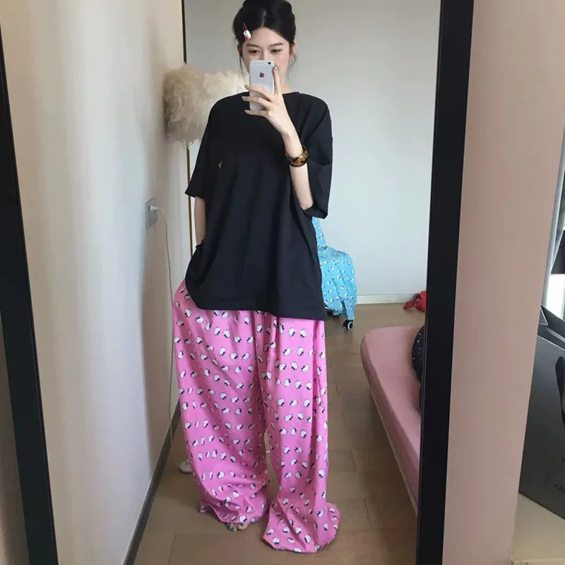 Miniso Hello Kitty Wide Leg Pajamas Pants Cotton Plus Size Loose Outwear Pants Girls Cute Kitty Printed Trousers Women Clothing