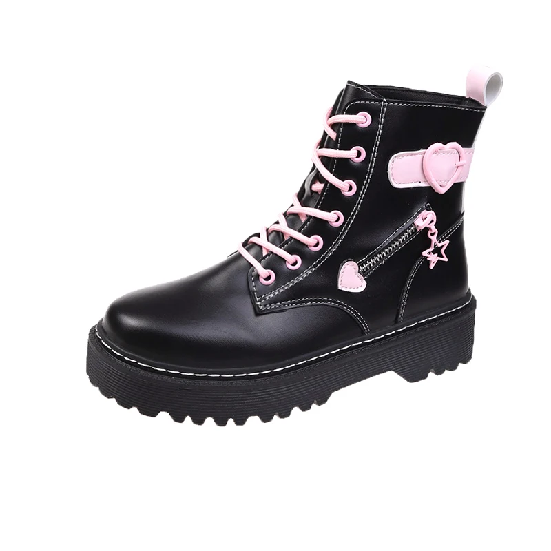 2022 New Women\'s Boots Thick Sole PU Leather Lace Up Square Heel Round Toe Solid Color New Women\'s Boots Gothic Motorcycle Boots