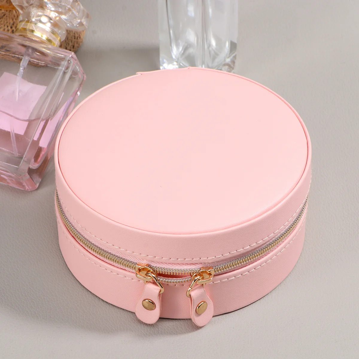 1Pcs Round Jewelry Organizer Box Portable PU Material Compact Space Saving Travel Jewelry Storage Earrings Rings Dark Blue