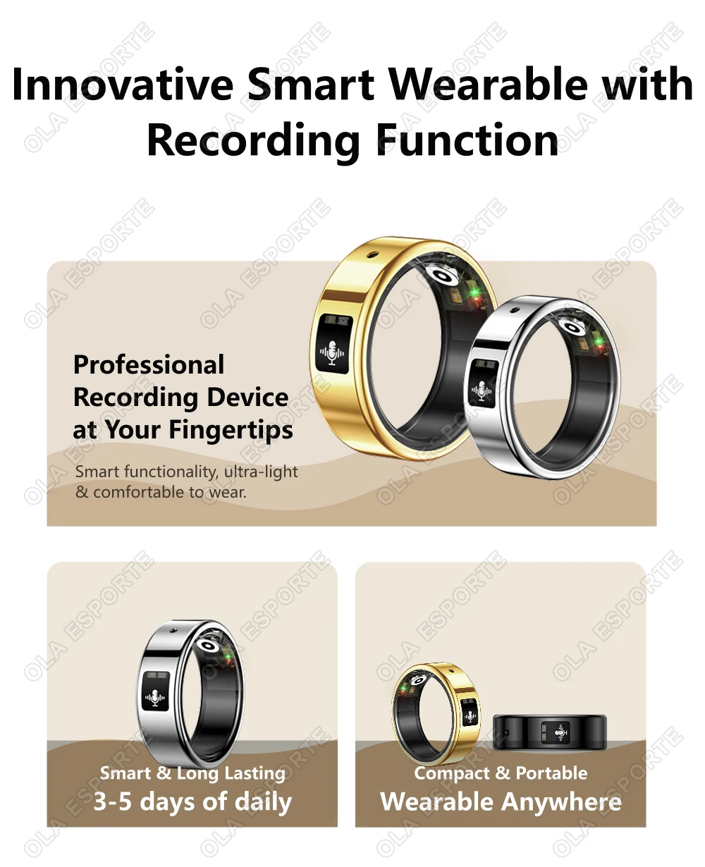 AI Recording Translation Smart Ring Heart Rate Blood Oxygen Sleep Monitor Touch Voice Recorder Sports Waterproof Smartring R12