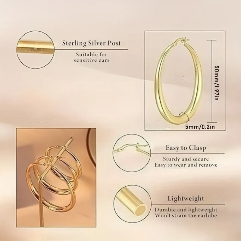 S925 Silver Needle Round Thick Earrings, Female Low Allergy Large Ring Earrings, Thick Earrings - Detail 1