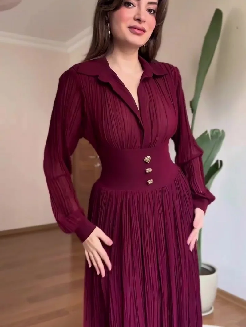 Modisches Plissiertes Boho-Kleid Herbstkleidung Damen 2026 Langarm Polokragen Maxi-Langes Kleid Geburtstag Abend Party Club Kleid