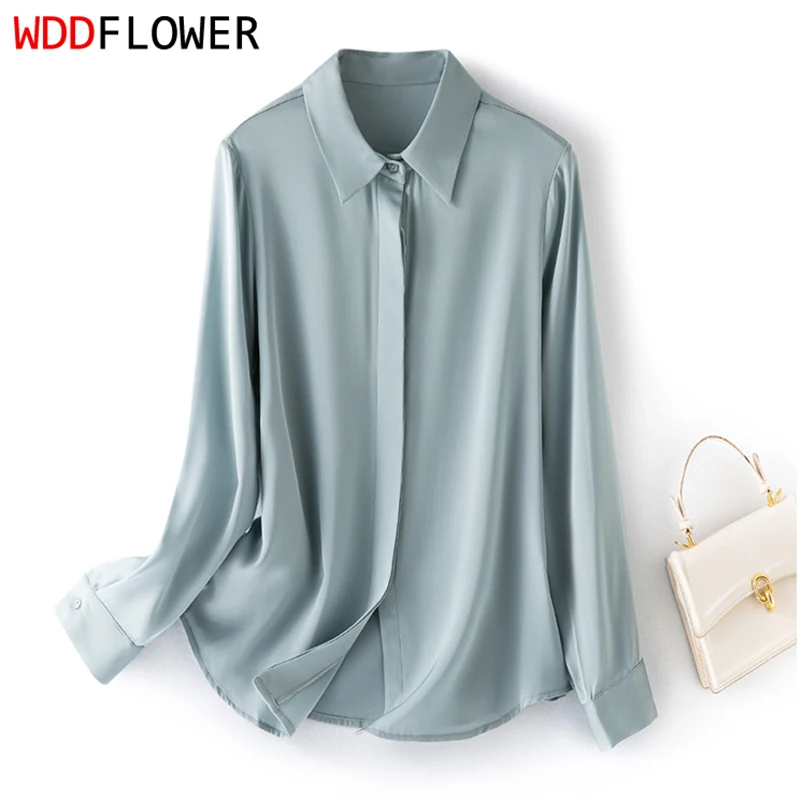 

93% Mulberry Silk 7% Spandex Women Long Sleeve Shirt Solid Colors Collared Neck Buttons Down Top Blouse Office M L XL 2XL FF076