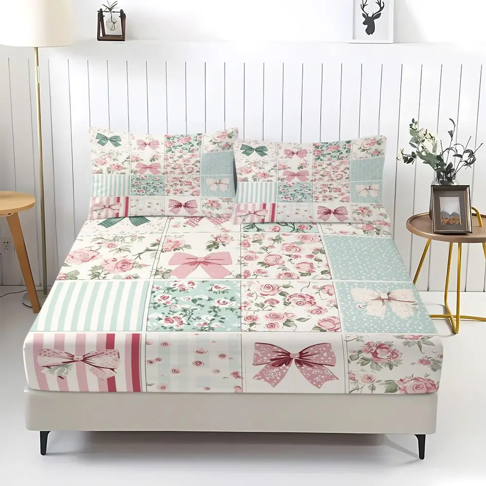 Pink Rose Bow Patchwork Fitted Sheet Set Bed Sheet Set Bedding Set No Fillers Gentle Girly Adult Bedroom Sheet Kit