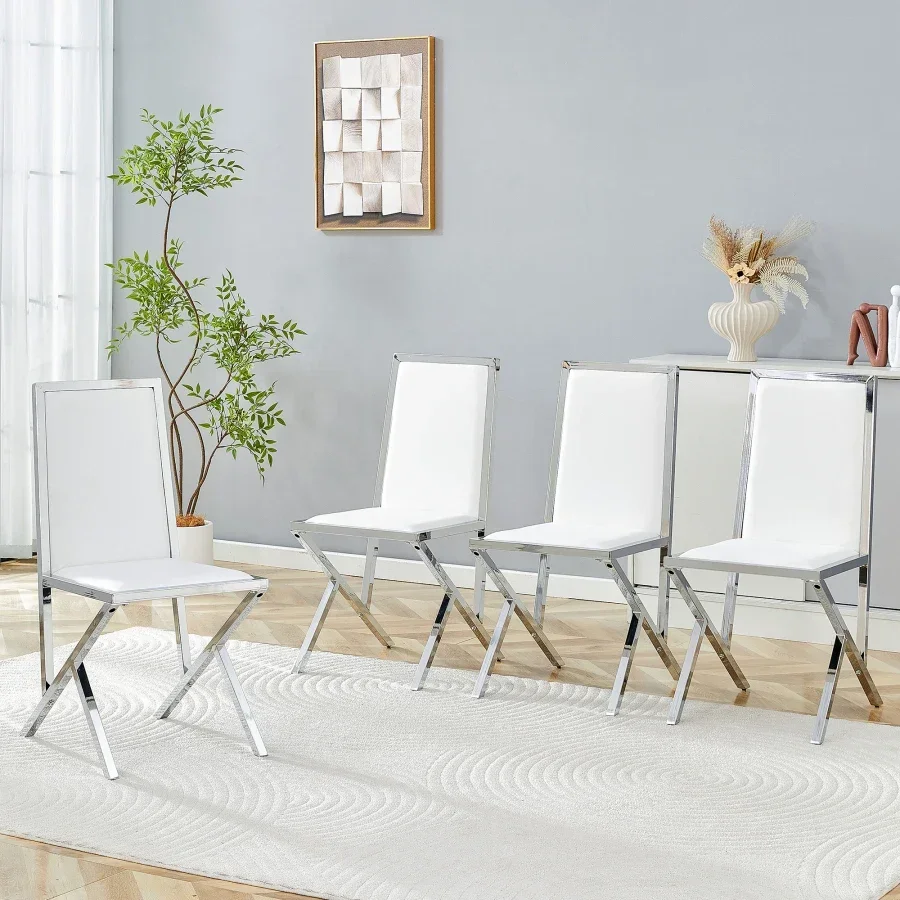 4-pack silver metal framed white PU dining chairs: ergonomic design, a simple and luxurious choice.Featuring uniquely designed