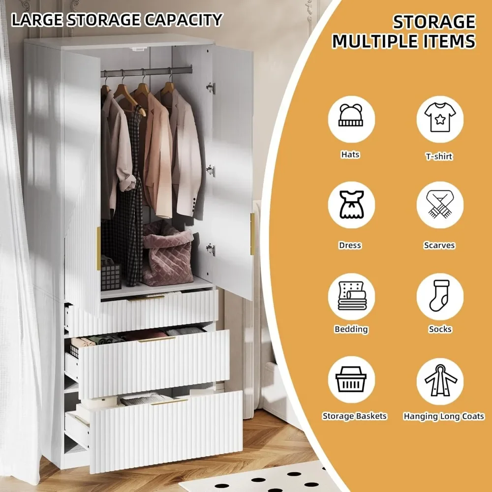 Wardrobe Armoire Wooden Closet with 3 Doors and 3 Drawer, Bedroom Armoire with Hanging Rod Shelf, Wooden Wardrobe Combination