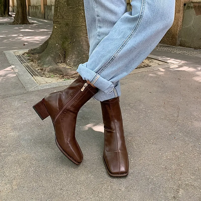 2025 Spring Autumn Women Ankle Boots Britain Square Toe Short Boot Ladies Casual Low Heel Shoes Fashion Leather Shoe Mujer Botas
