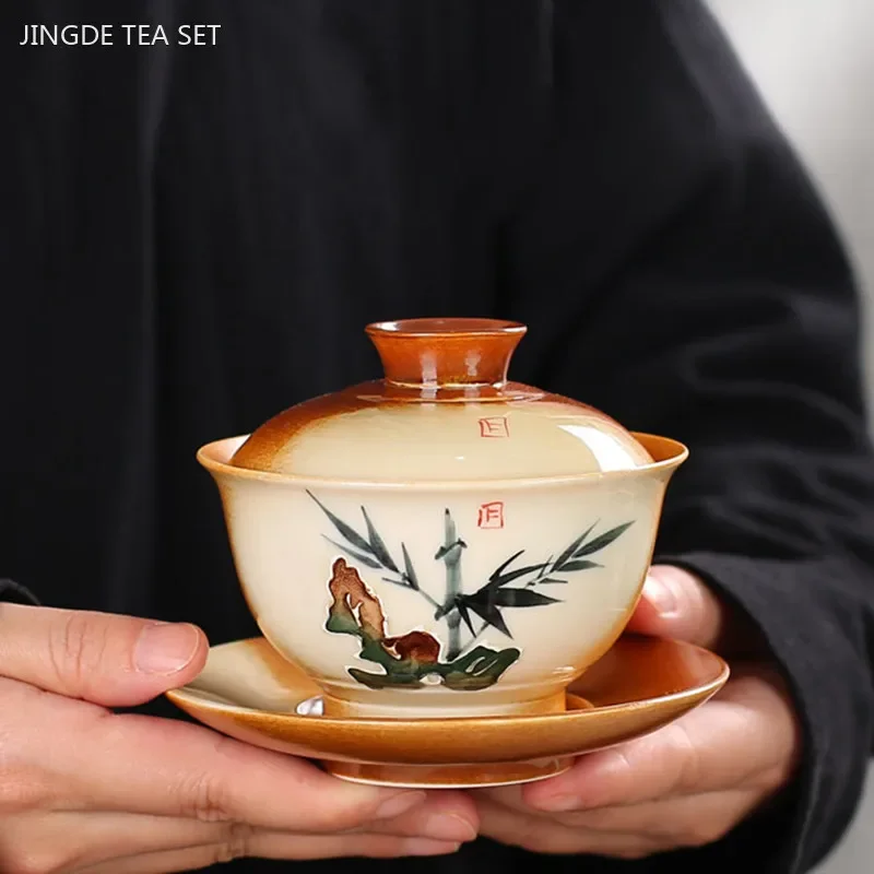 High Quality Hand-painted Gaiwan Customized Handmade Teacup Ceramic with Cover Tea Infuser Chinese Home Beauty Tea Set