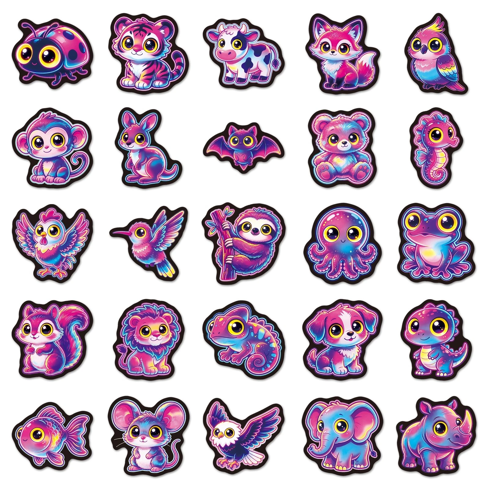 50 Pcs Neon Animal Stickers Hand Drawn Colorful Childlike Cartoon Pet Waterproof Vinyl Decals for Milk Tea Cup Laptop Gift