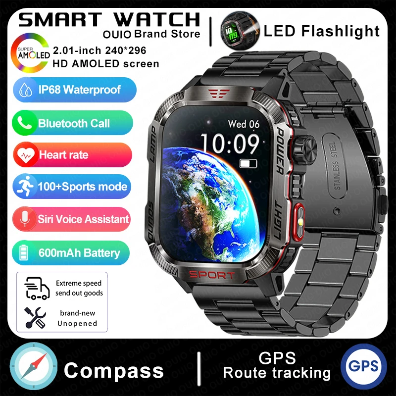 

New GPS Sport Smart Watch Compass Flashlight Outdoors 1ATM Waterproof Watch 360*360 AMOLED HD BT Call Voice Assistant smartwatch