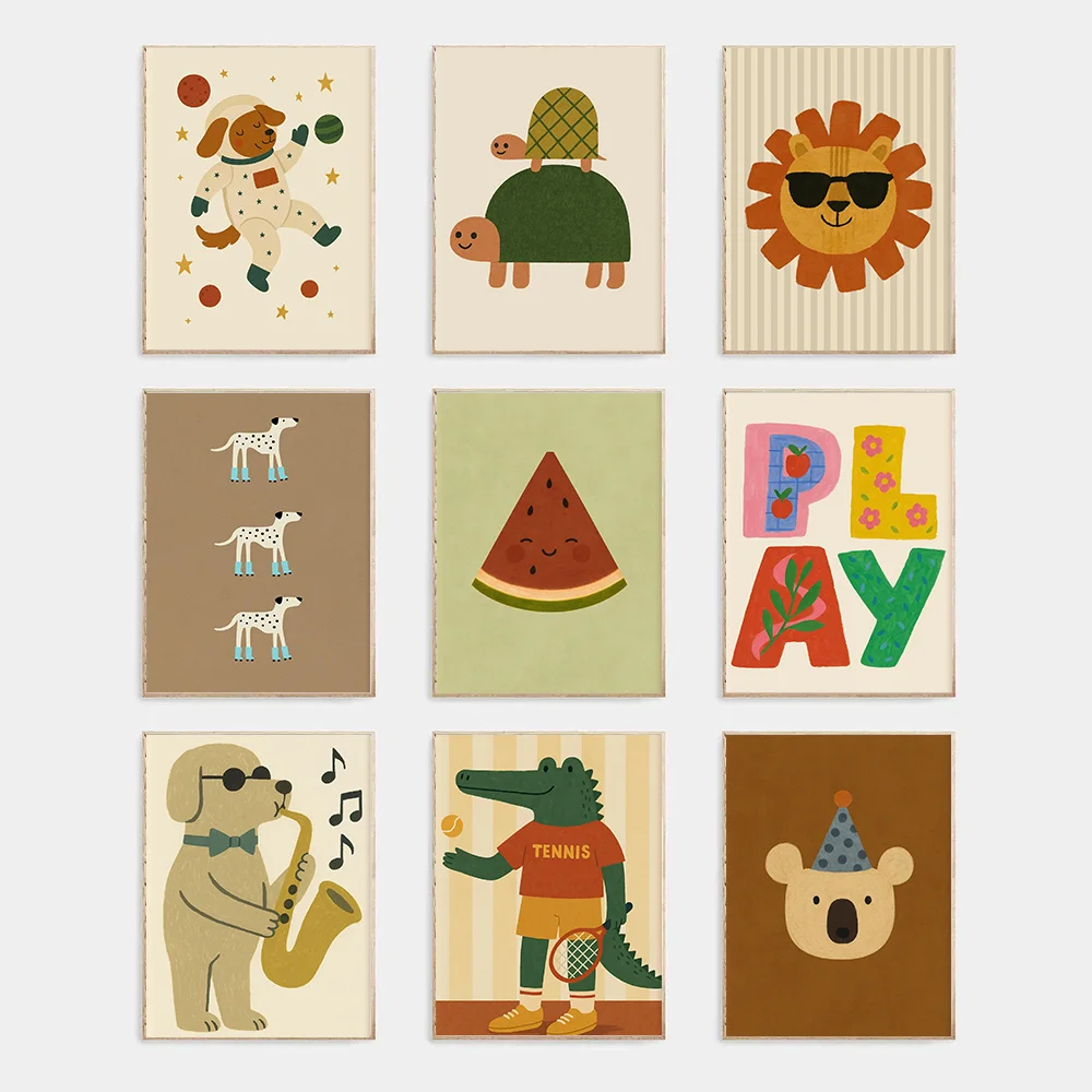 Astronaut Dog Rolled Poster Cartoon Animals Wall Art for Nursery Kids Room Playroom Cute Princess Paintings Home Room Decor S