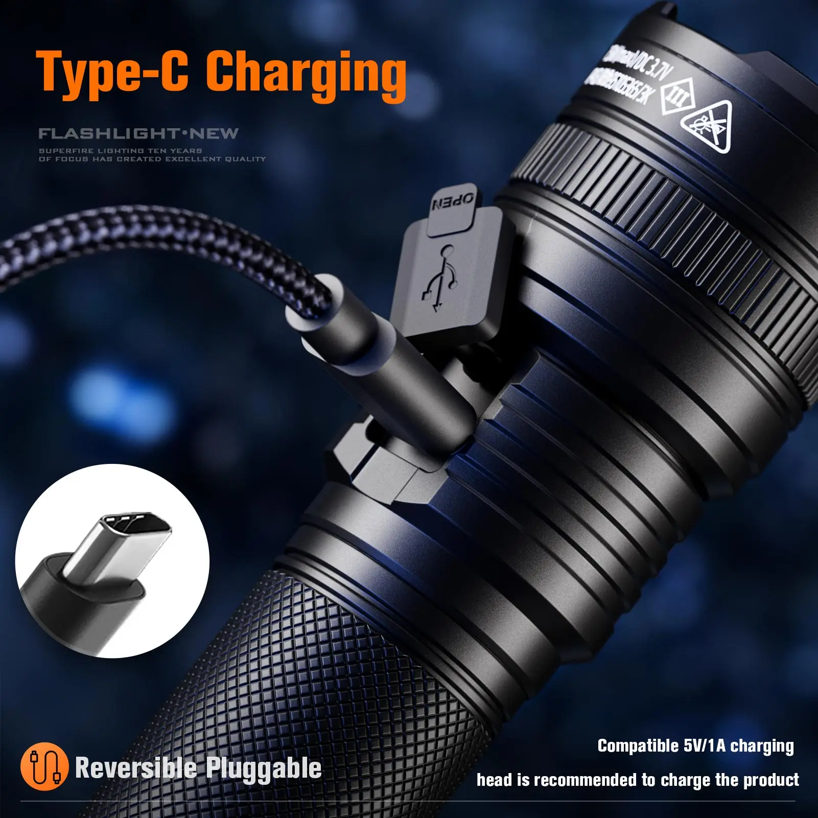 SUPERFIRE Y26 Super Bright Flashlight 1200LM Zoom Torch USB-C Rechargeable 600M Long Range Light Portable for Camping Lantern