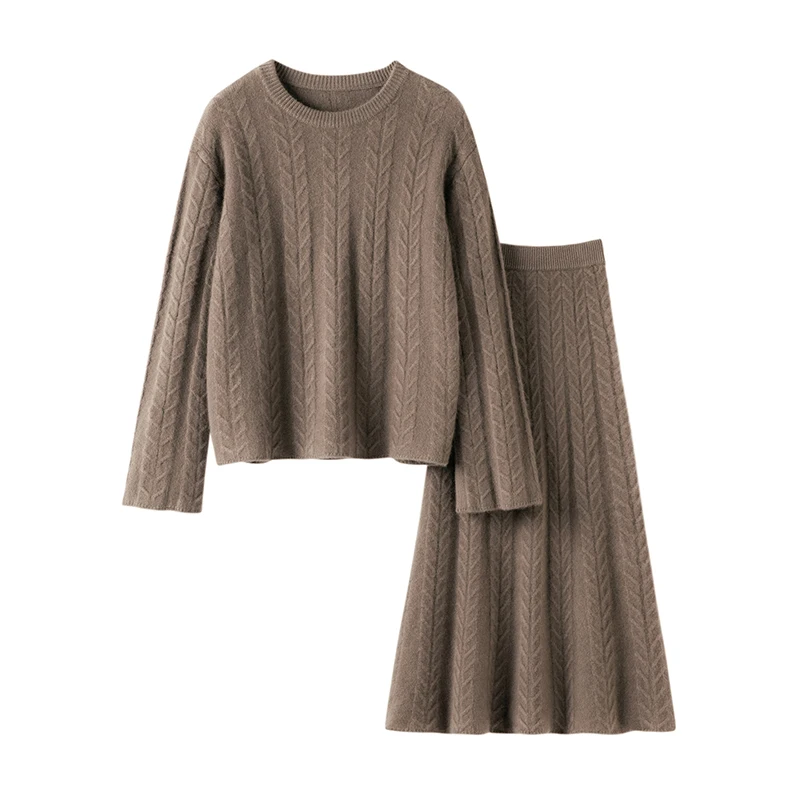 Women Cashmere Sweater O-neck Pullover Twist Flower Mermaid Skirt Set Autumn Winter Retro 100% Cashmere Knitted Jacquard Clothes