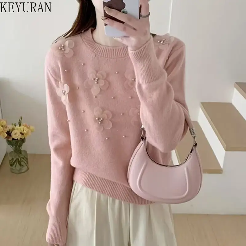 

Вязаный пуловер с цветами, женский новый осенне-зимний винтажный трикотаж с круглым вырезом и длинными рукавами, топы, джемперы Sueter Mujer