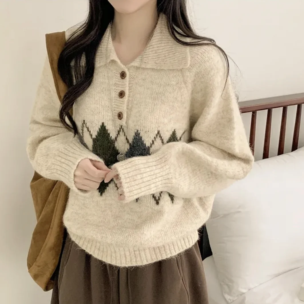 Chic autunno inverno maglione lavorato a maglia donna allentato college pigro Sle fiore antung f colletto rovesciato aperto caldo termico fuori...