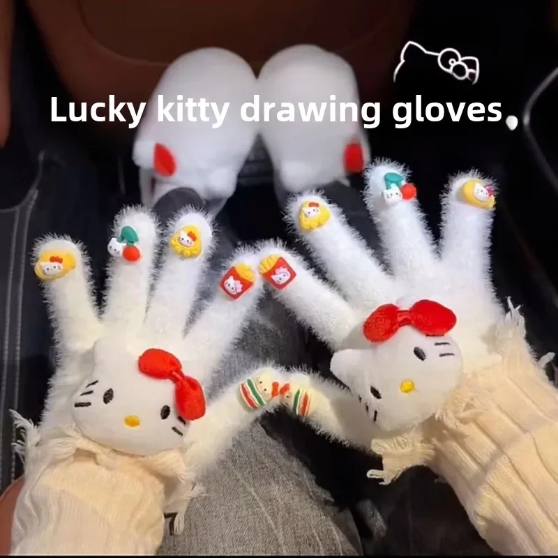 Hello Kitty Kawaii Cute 3D Doll Decorating Girls' Hearts Autumn and Winter Outdoor Cycling Windproof Warm Finger Gloves Gift