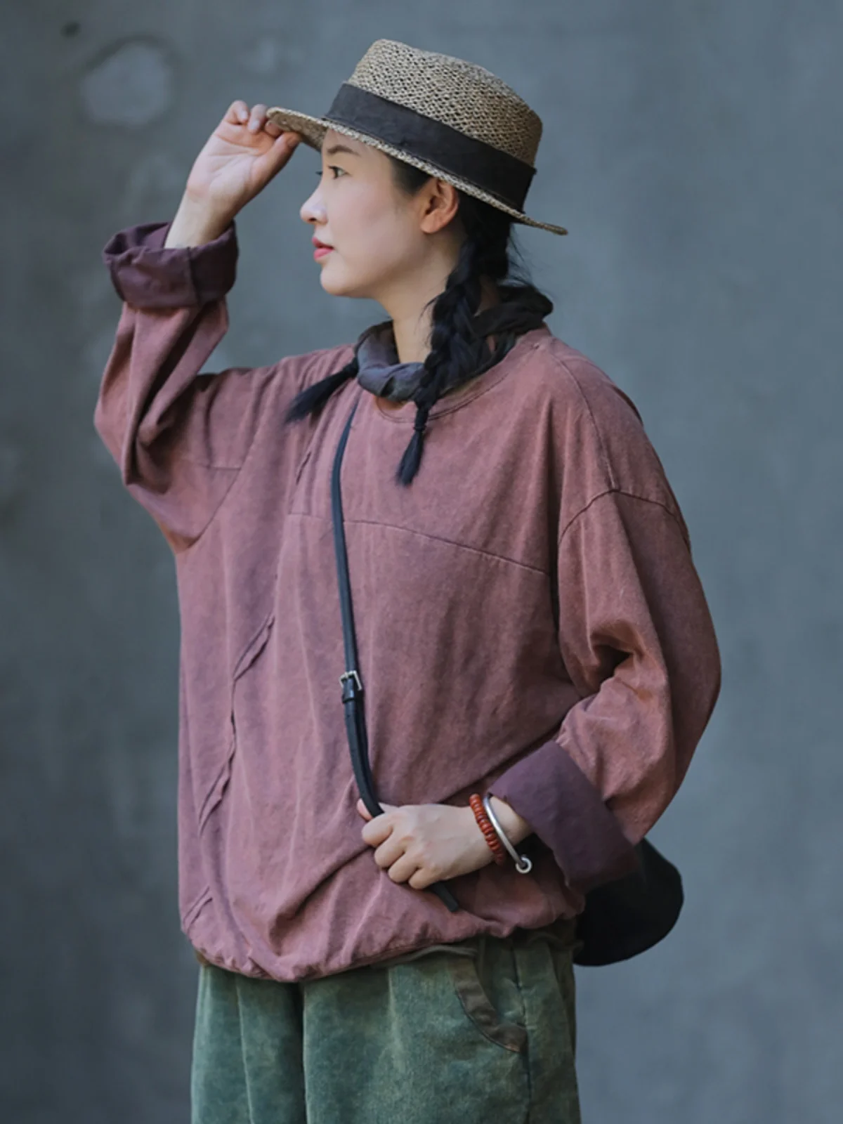 

Original Design Pure Cotton adient Blue Koran Wood Top Spring Autumn New Sle Artistic Patchwork round Ne Long Sve