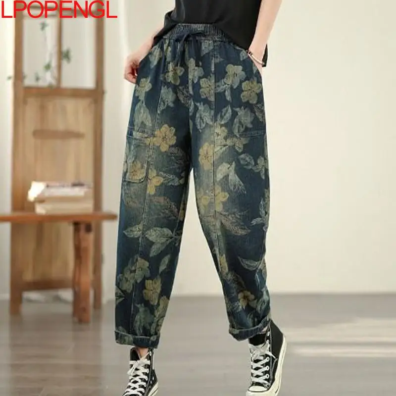 

Женские свободные повседневные брюки-шаровары с эластичным поясом, принтом и эффектом потертости, в этническом стиле, весна 2026