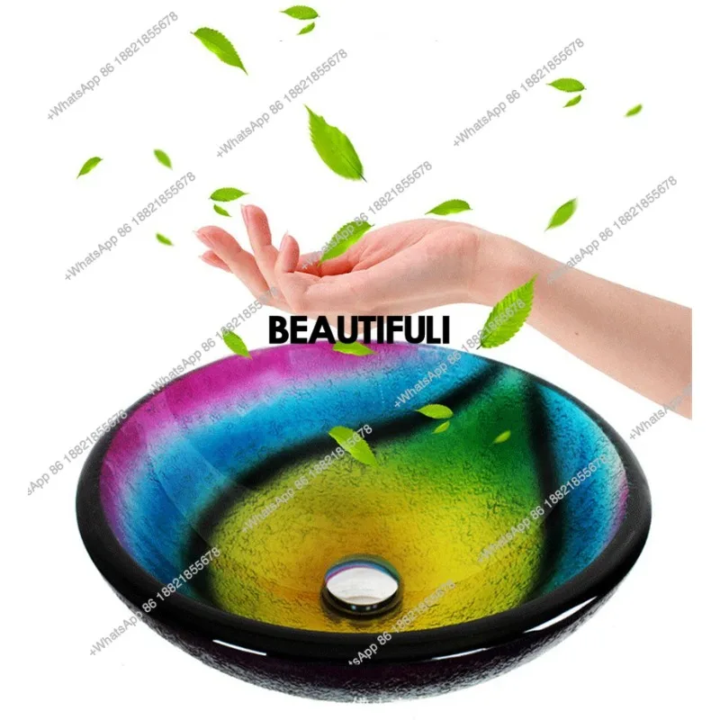 

R Mediterranean style Round tempered glass Table Basin Household Wash Basin Art Engraving Counter Bath Vessel Sink with Tap