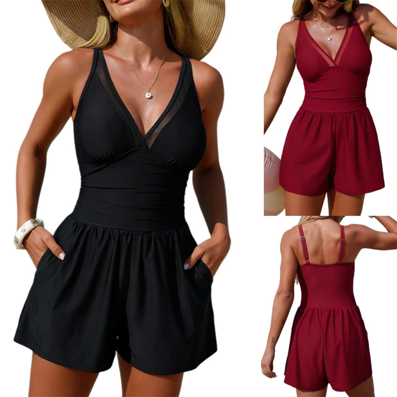 

2026 Women's One Piece Swimsuit Mesh V-Neck Overall Swimwear Tummy Control Bathing Suit with Pockets