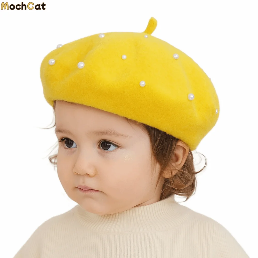 

Cute Pearl Children's Beret Woolen Warm Baby Wool Hat Thicken Solid Color Painter Hat Kid