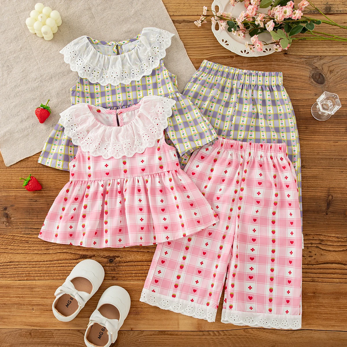 Summer New Baby Girl Plaid Two-Piece Set Casual Style Children'S Sleeveless Clothes (9 Months -4 Years Old)
