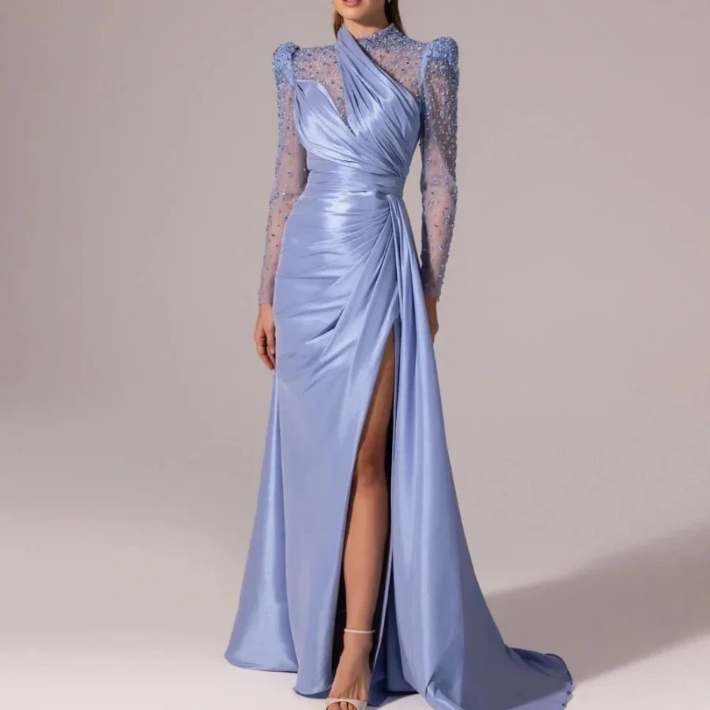 Customized Elegant Periwinkle Mermaid Gala Dress Featuring Stand High Collar Full Sheer Mesh Long Sleeves All Over Tiny Sequins