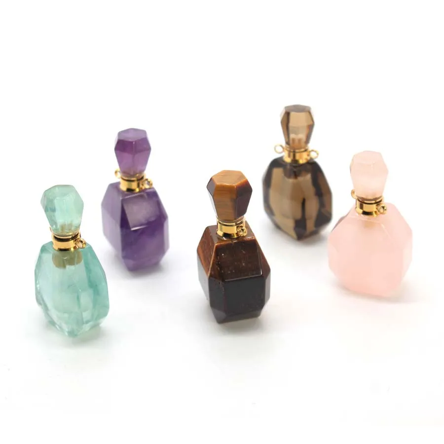 

Faceted Crystal Stone Perfume Bottle Pendant For Women Natural Gemstone Amethyst Quartz Crystal Stone Pendant Jewelry No Chain