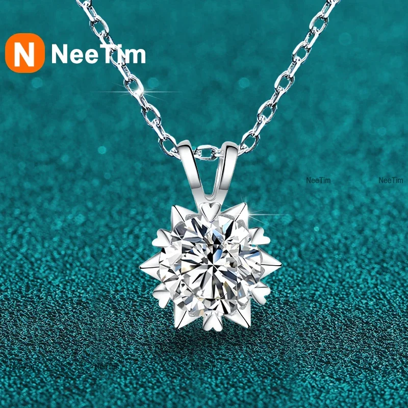 NeeTim 1-3ct Moissanite Snowflake Pendant Necklaces for Women 925 Sterling Silver with White Gold Plated Wedding Bridal Necklace