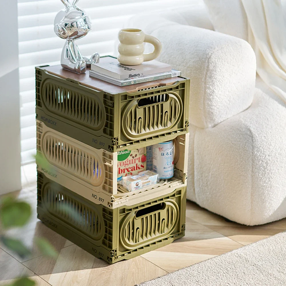 Storage Crates For Organizing, 5L Folding Storage Box Bins Container Basket, Large Heavy Duty Utility Crate With Wooden Lid
