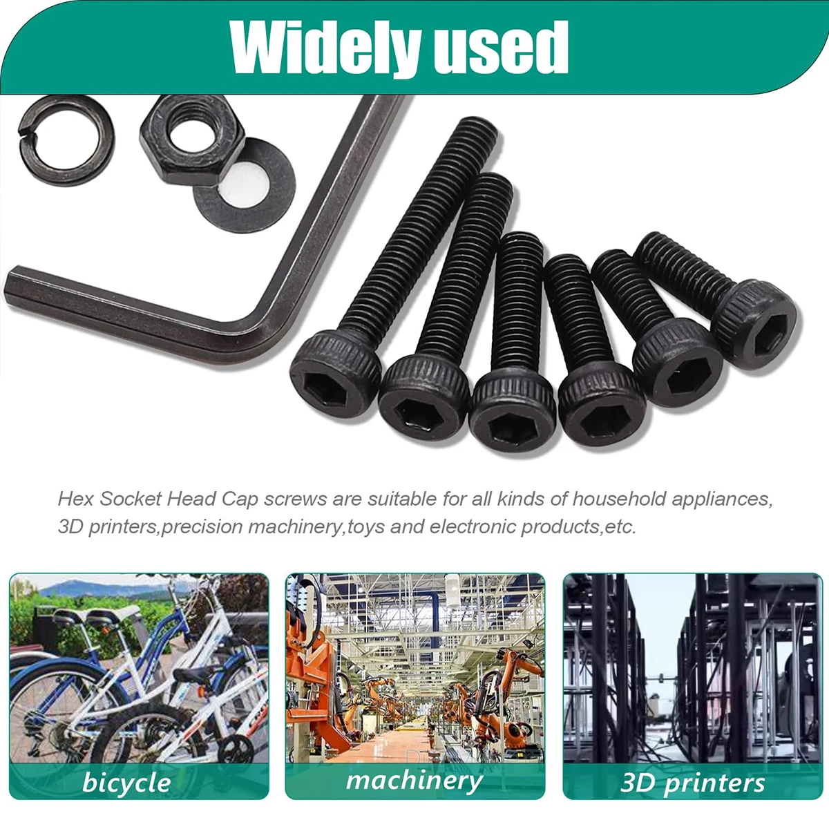 ชุดสกรูเหล็กอัลลอยด์เกรด 12.9 จำนวน 440 ชิ้น ขนาด M3x6/8/10/12/16/20 มม. พร้อมน็อตหัวหกเหลี่ยม แหวนรอง และน็อตแบบรวม