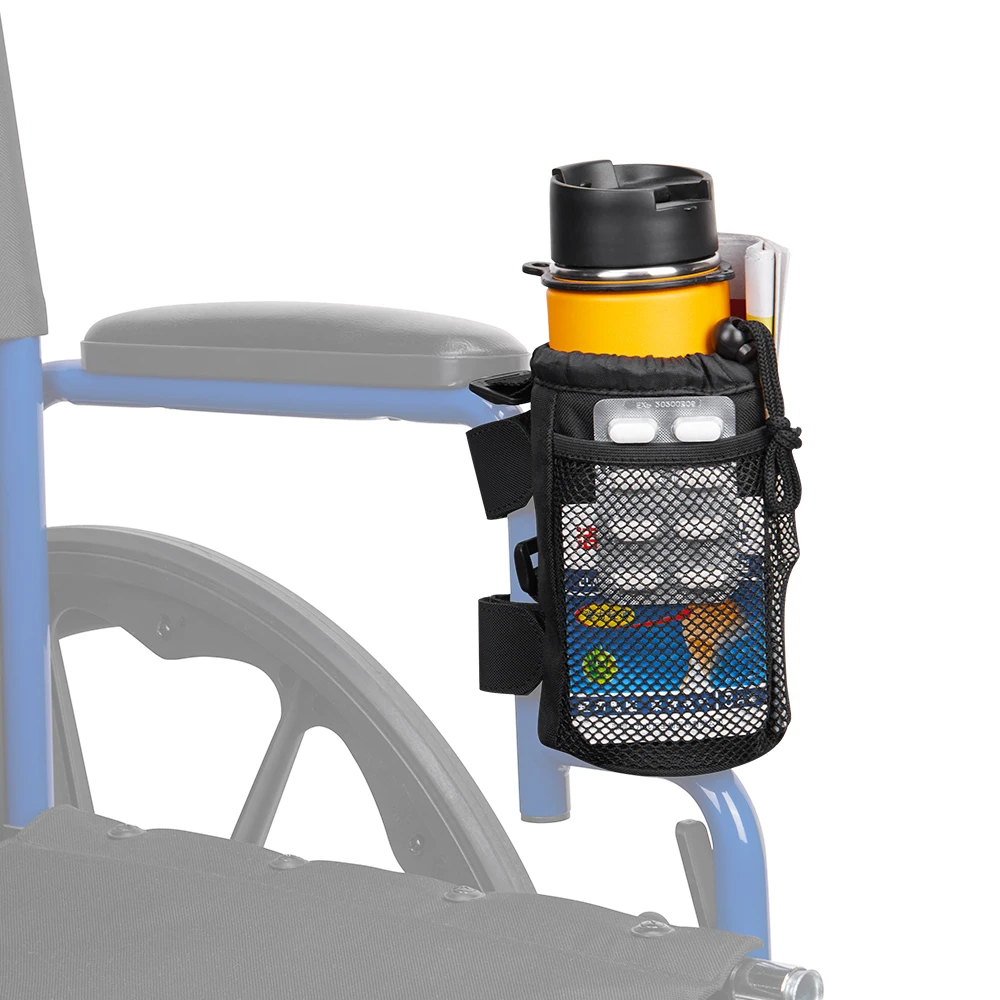 Cup Holder for Wheelchair Walker Rollator Drink Holder with Mesh Pocket 7 Inch Water Bottle Holder for Bike Scooter Bicycle UTV
