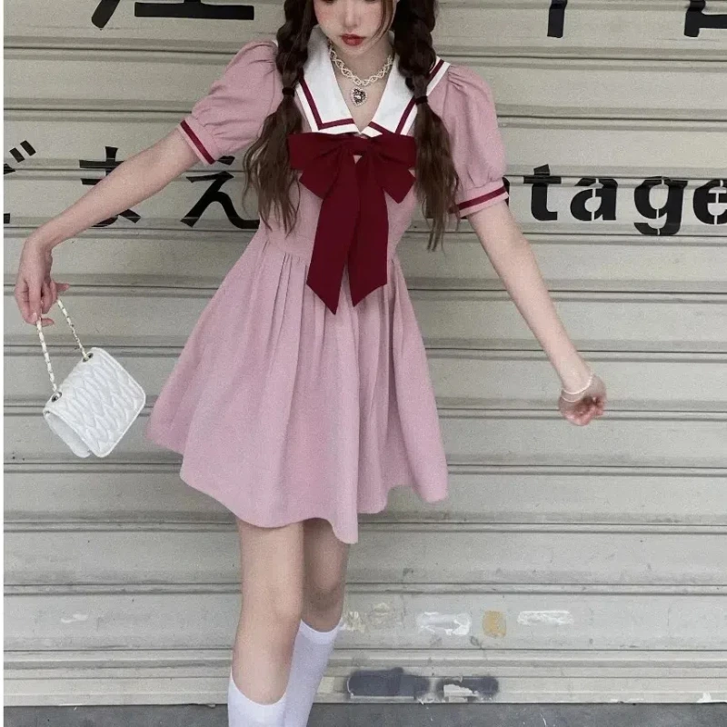 

Puff Sleeve Preppy Style Summer New Sailor Collar Contrast Color Bow Spliced High Waist Loose Pleated A-Line Kawaii Dresses