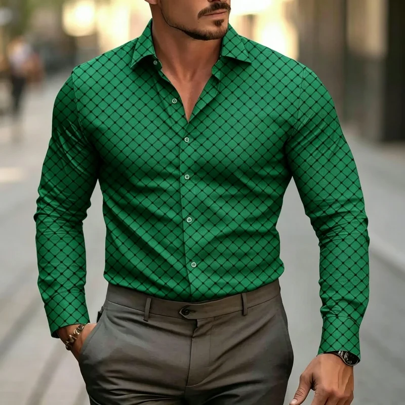 Men's Fashion Geometric Diamond Print Long Sleeve Shirt Casual Button Up Blouse Tops Streetwear Business Formal Wear
