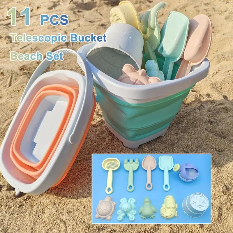 

Collapsible Beach Sand Toys Travel Beach Toys with Foldable Sand Bucket Shovel Toys Kit Animal Sand Molds Kettle for Toddler