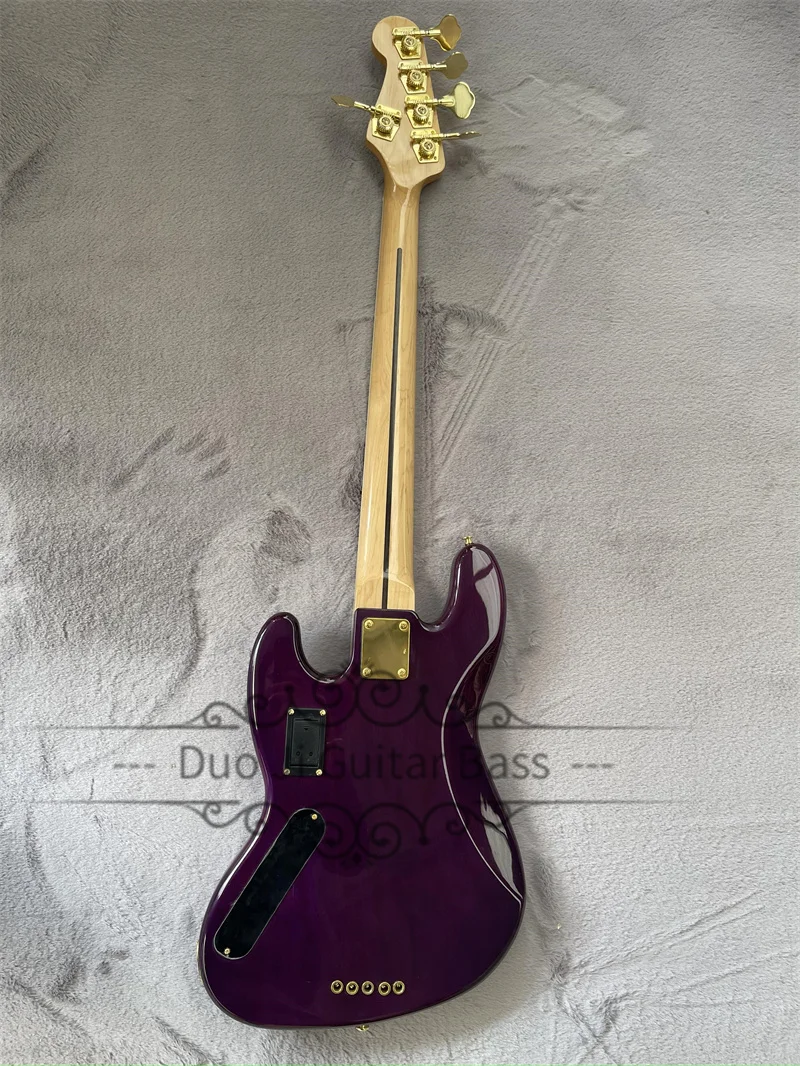 Purple Bass Guitar with Fixed Bridge, Burl Maple Top, Maple Fingerboard, White Pearl Inlay, 5 Strings，gold hardware